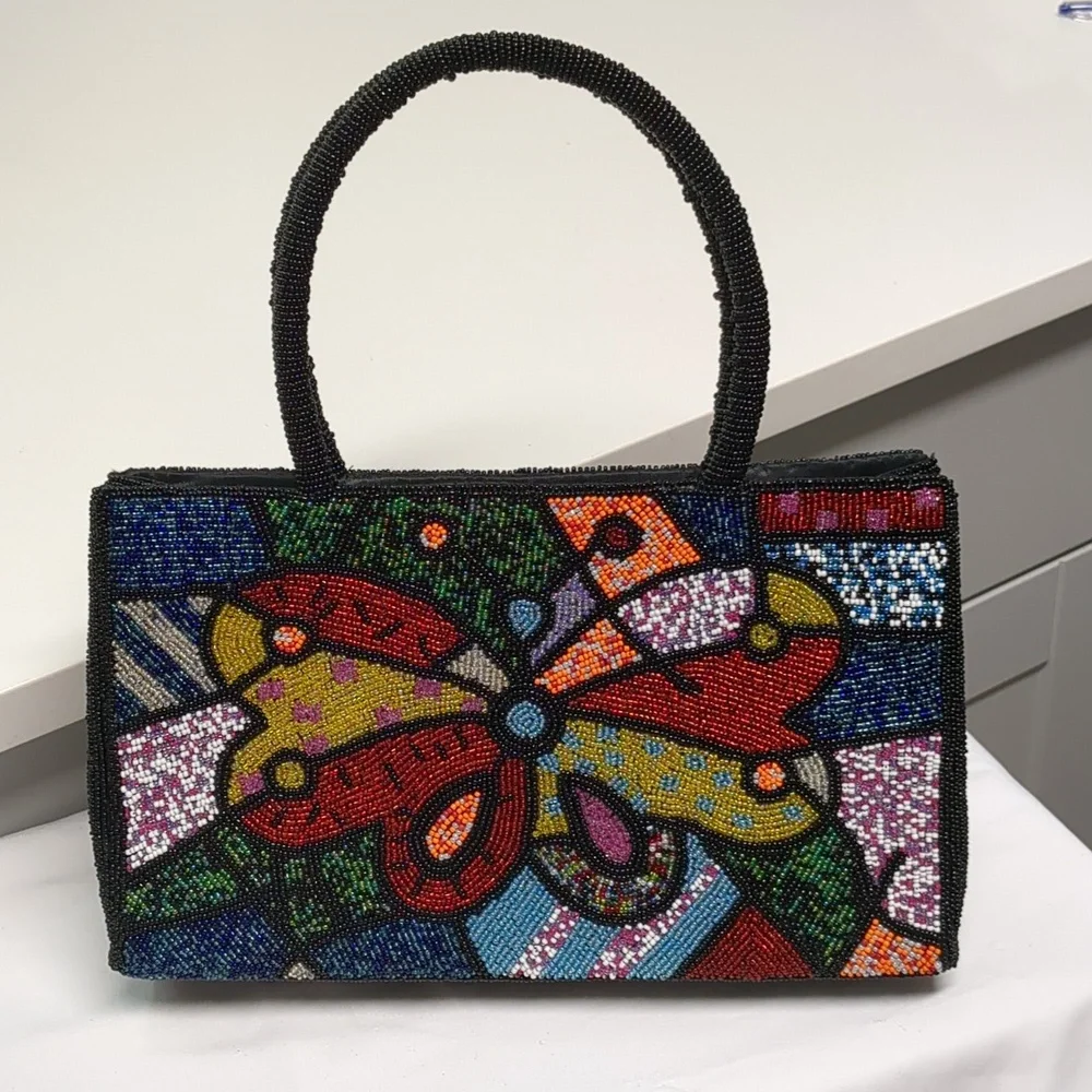 Rare Colorful Beaded Butterfly Statement Handbag Glam Art Purse Boho Luxe Chic